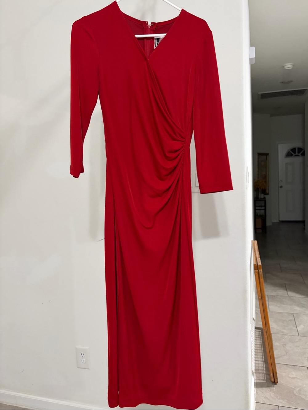 Red Draped Long Sleeve Women’s Dress
